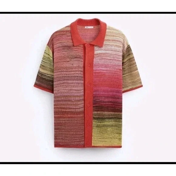 Zara Men's Short Sleeve Button Front Knit Sweater Multicolor Size L NWOT - Picture 4 of 13
